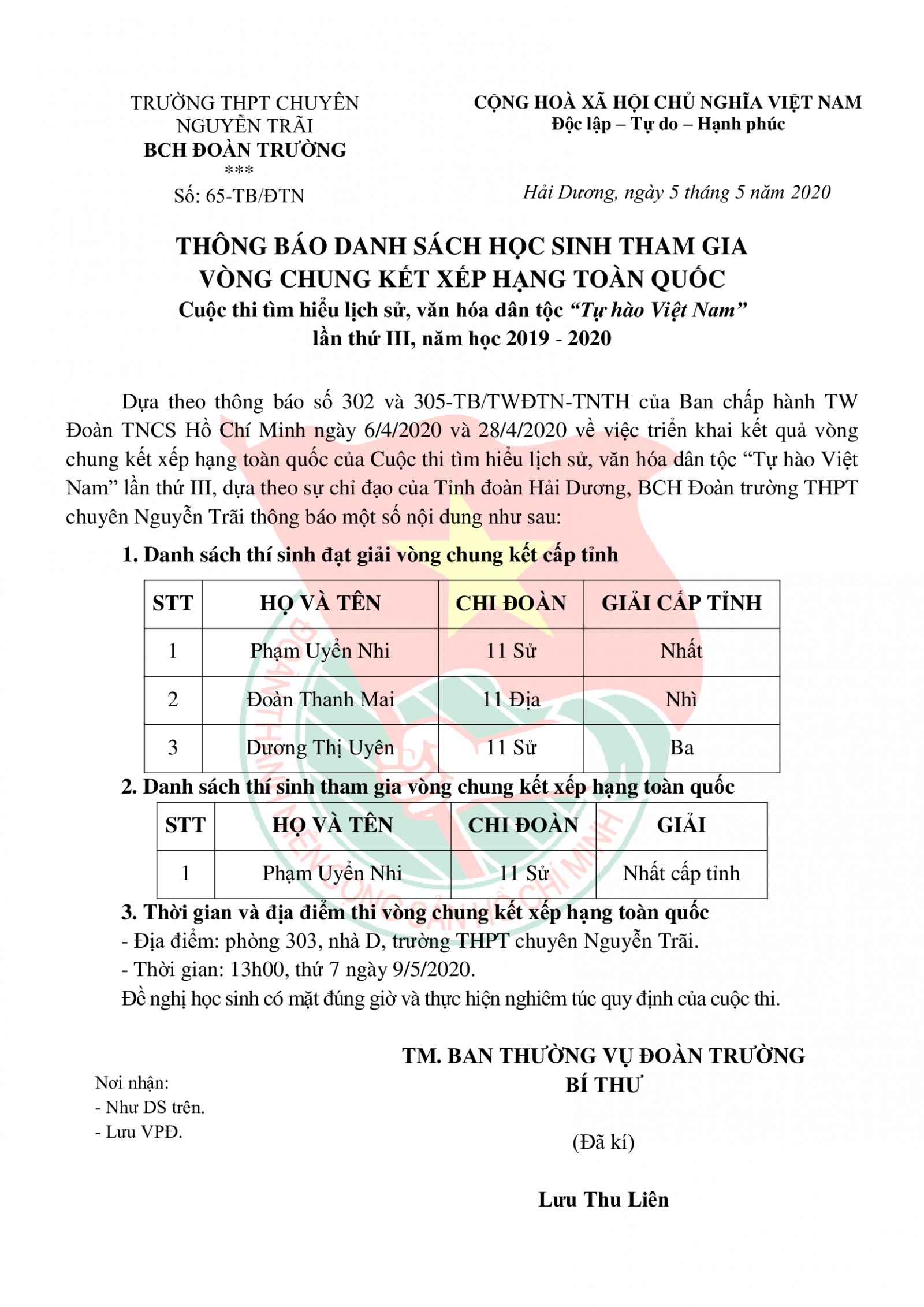 Thông báo chính thức từ BCH Đoàn trường THPT chuyên Nguyễn Trãi về kết quả cuộc thi